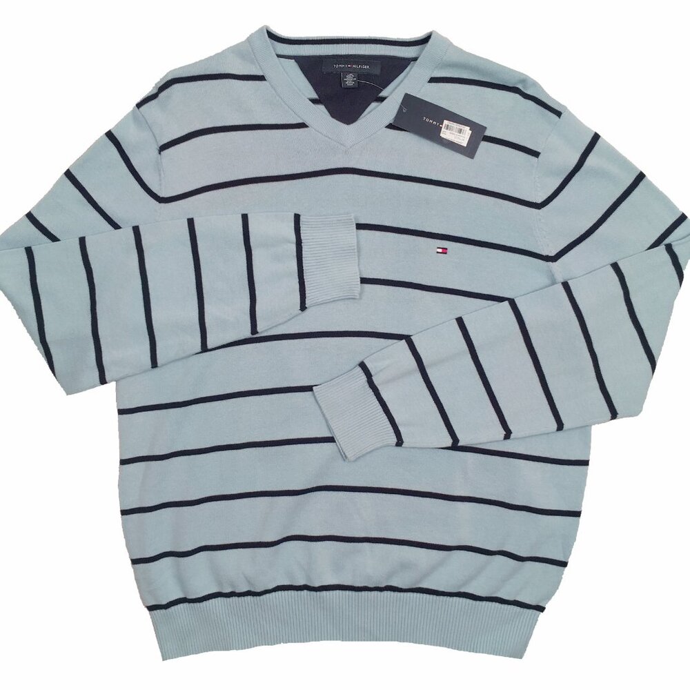 NEW Tommy Hilfiger Sweater! Light Blue  Black Stripes V Neck Tommy Flag on Chest
